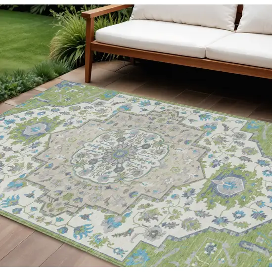 Artichoke Green Blue And Ivory Oriental Washable Indoor Outdoor Area Rug Photo 1