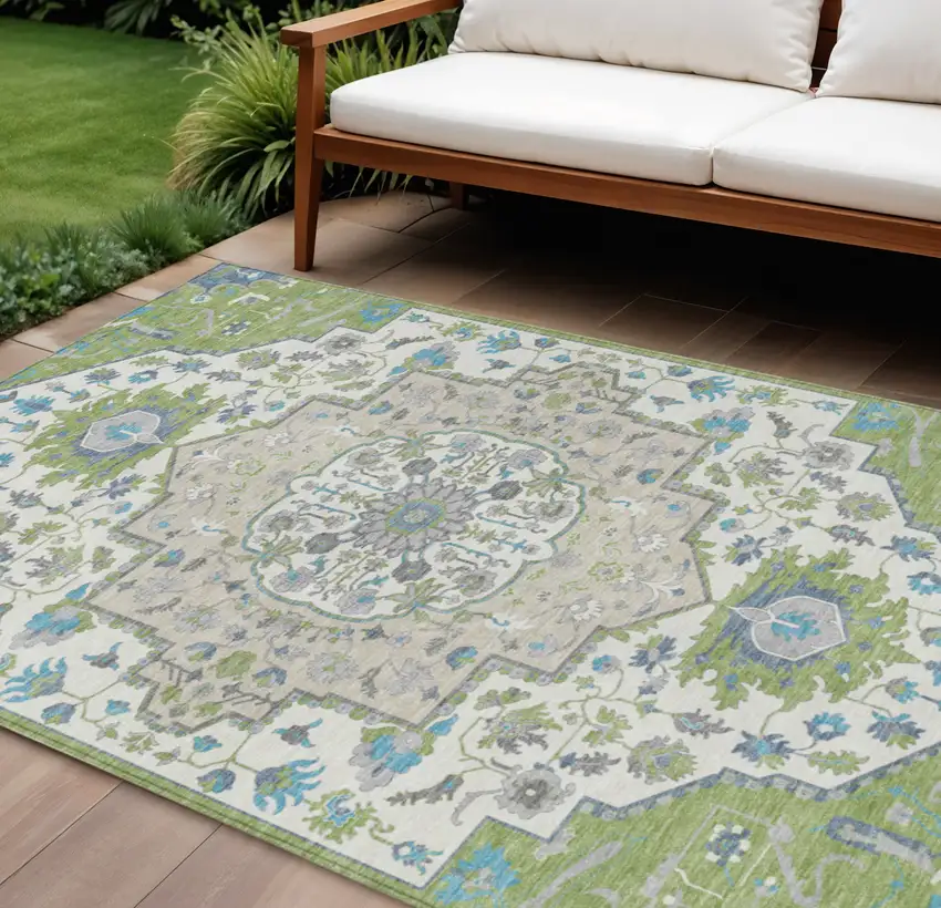 Artichoke Green Blue And Ivory Oriental Washable Indoor Outdoor Area Rug Photo 1
