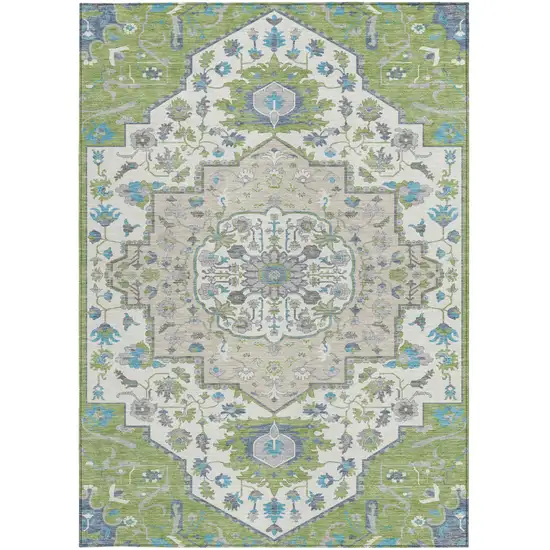Artichoke Green Blue And Ivory Oriental Washable Indoor Outdoor Area Rug Photo 7