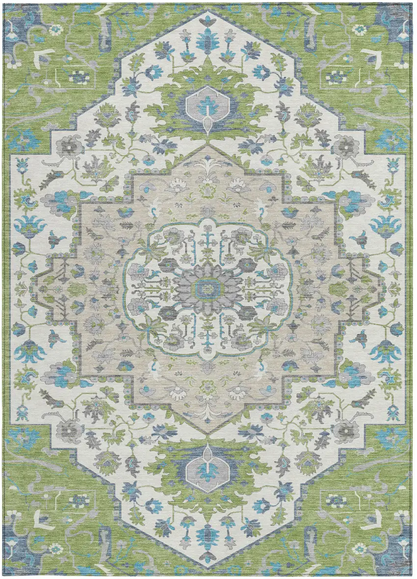 Artichoke Green Blue And Ivory Oriental Washable Indoor Outdoor Area Rug Photo 7