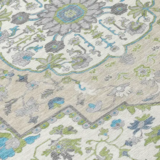 Artichoke Green Blue And Ivory Oriental Washable Indoor Outdoor Area Rug Photo 5