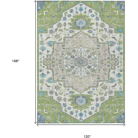 Artichoke Green Blue And Ivory Oriental Washable Indoor Outdoor Area Rug Photo 3