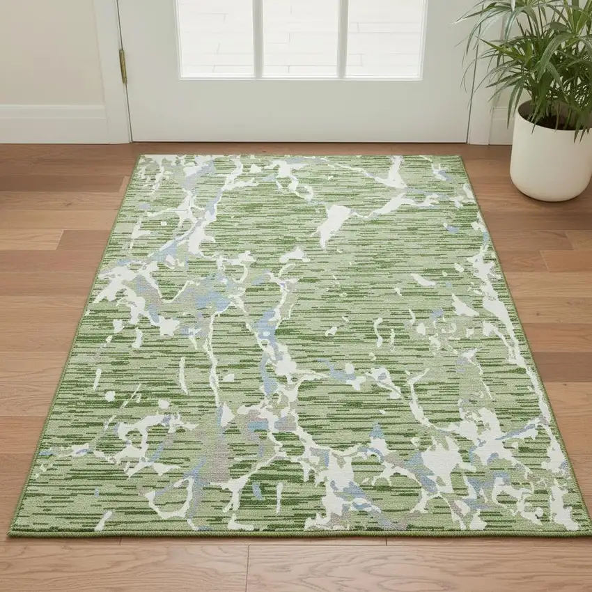 Artichoke Green Blue And Ivory Striped Washable Area Rug With UV Protection Photo 2