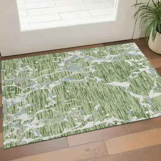 Artichoke Green Blue And Ivory Striped Washable Area Rug With UV Protection Photo 1