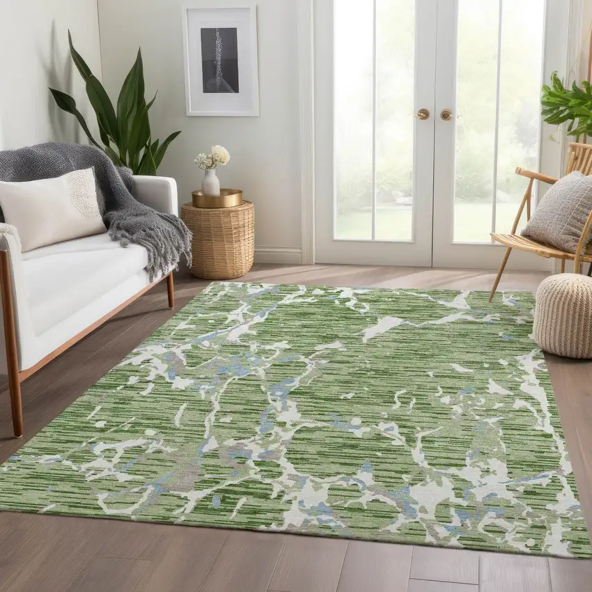 Artichoke Green Blue And Ivory Striped Washable Area Rug With UV Protection Photo 5