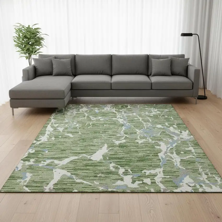 Artichoke Green Blue And Ivory Striped Washable Area Rug With UV Protection Photo 2