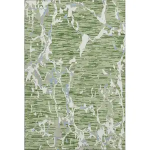 Photo of Artichoke Green Blue And Ivory Striped Washable Area Rug With UV Protection