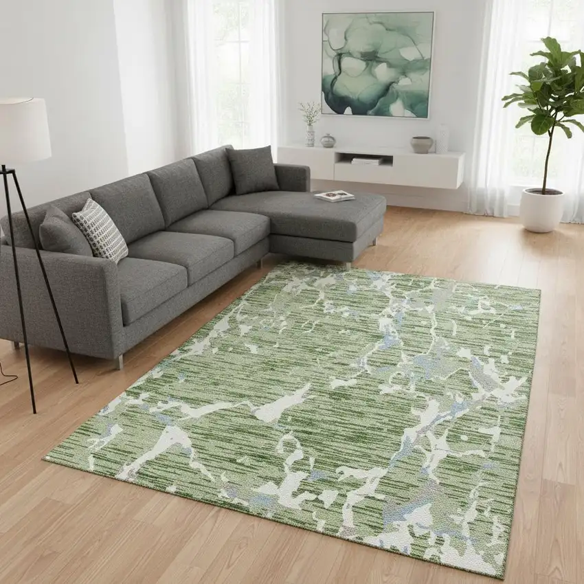 Artichoke Green Blue And Ivory Striped Washable Area Rug With UV Protection Photo 2