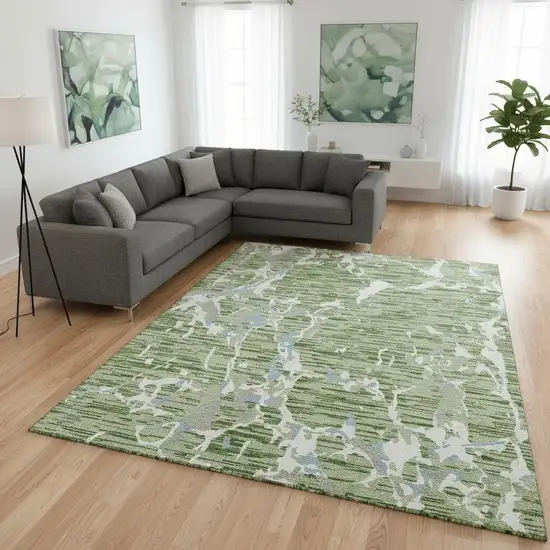 Artichoke Green Blue And Ivory Striped Washable Area Rug With UV Protection Photo 2