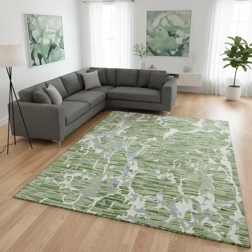 Artichoke Green Blue And Ivory Striped Washable Area Rug With UV Protection Photo 2