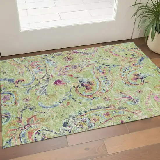 Artichoke Green Blue And Pink Paisley Washable Area Rug With UV Protection Photo 1