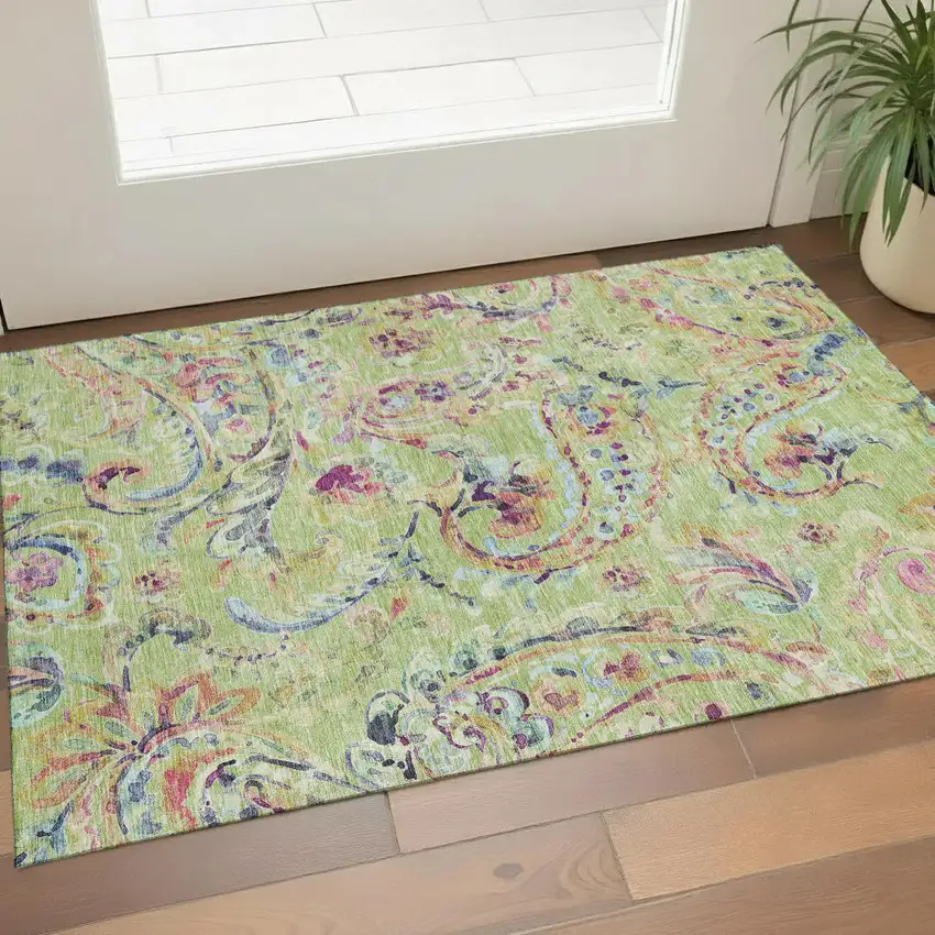 Artichoke Green Blue And Pink Paisley Washable Area Rug With UV Protection Photo 1