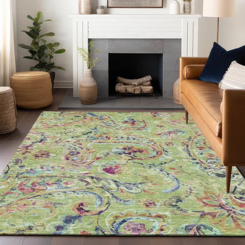 Artichoke Green Blue And Pink Paisley Washable Area Rug With UV Protection Photo 6