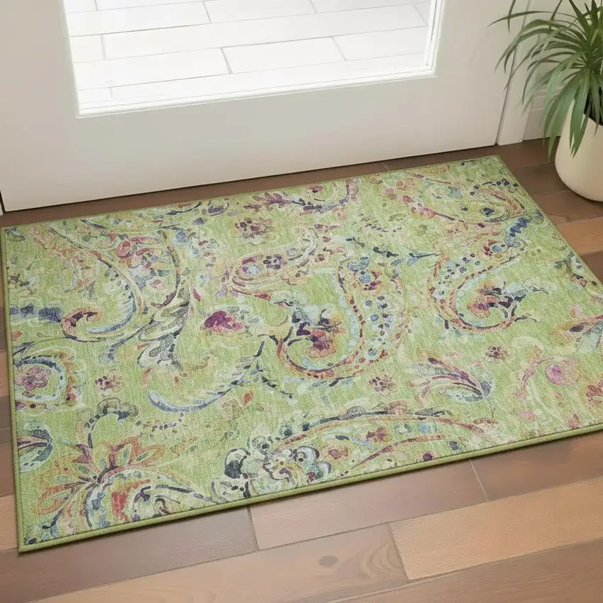 Artichoke Green Blue And Pink Paisley Washable Area Rug With UV Protection Photo 2