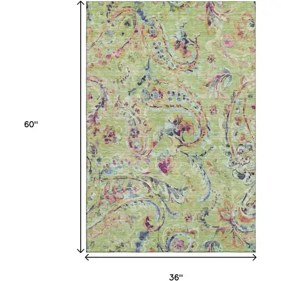 Artichoke Green Blue And Pink Paisley Washable Area Rug With UV Protection Photo 3