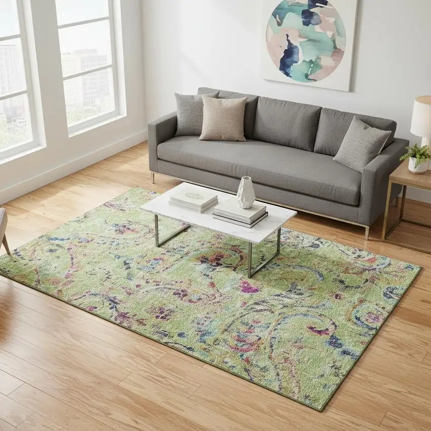 Artichoke Green Blue And Pink Paisley Washable Area Rug With UV Protection Photo 2