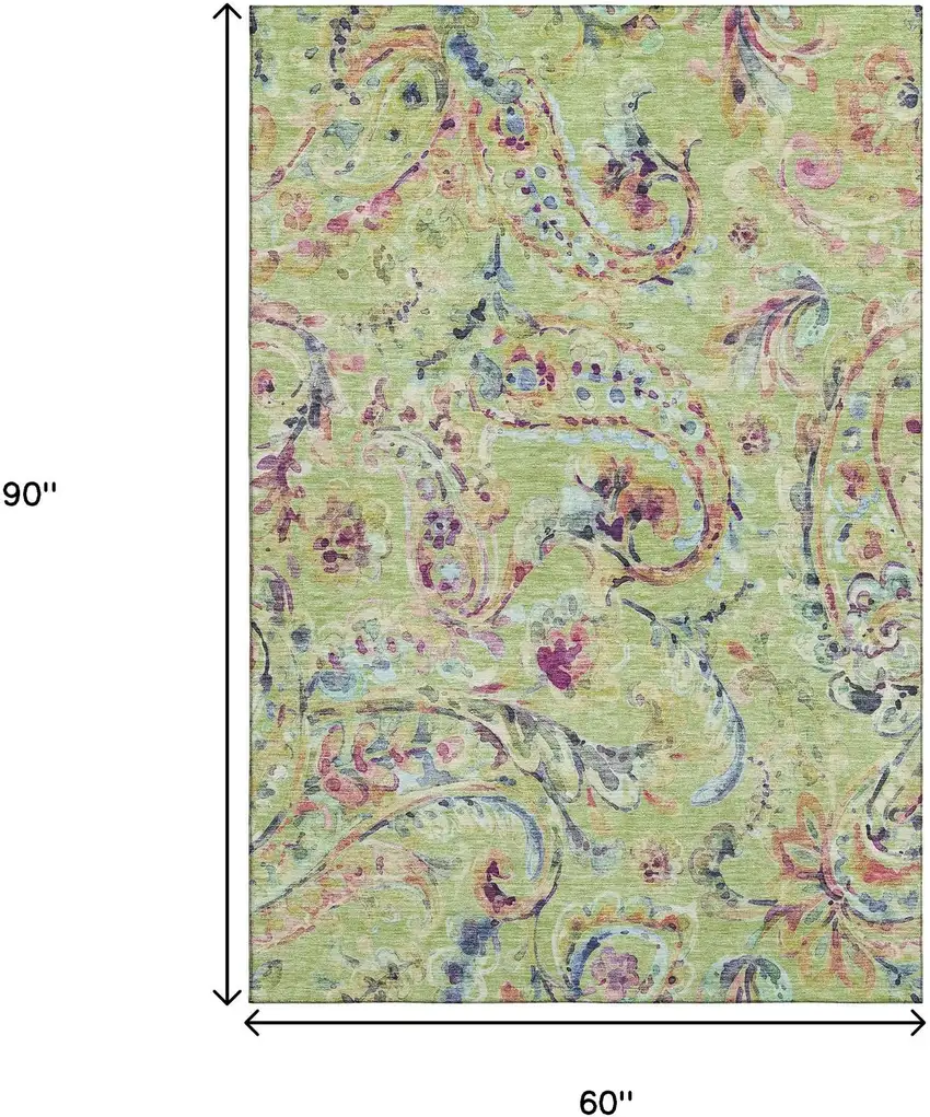 Artichoke Green Blue And Pink Paisley Washable Area Rug With UV Protection Photo 3