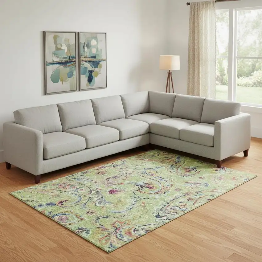 Artichoke Green Blue And Pink Paisley Washable Area Rug With UV Protection Photo 1