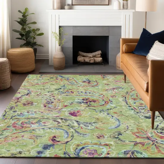 Artichoke Green Blue And Pink Paisley Washable Area Rug With UV Protection Photo 6
