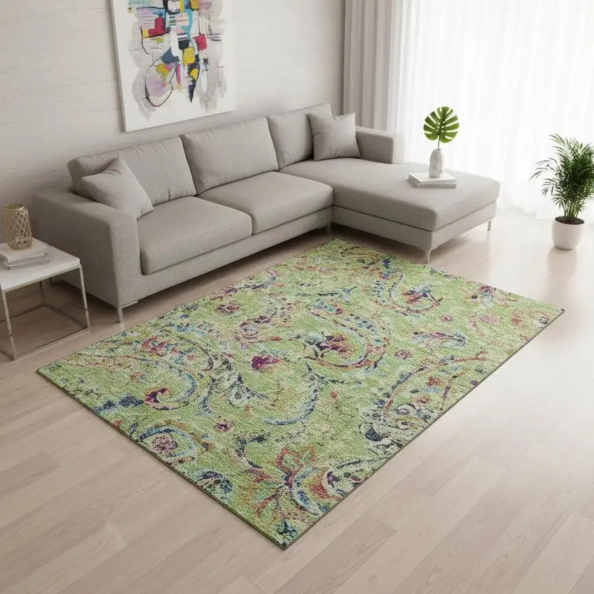 Artichoke Green Blue And Pink Paisley Washable Area Rug With UV Protection Photo 2