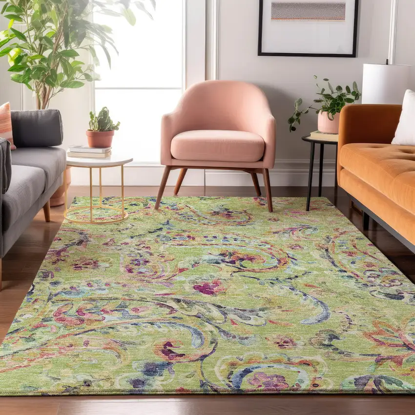 Artichoke Green Blue And Pink Paisley Washable Area Rug With UV Protection Photo 5