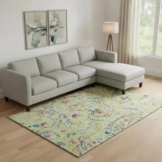 Artichoke Green Blue And Pink Paisley Washable Area Rug With UV Protection Photo 1