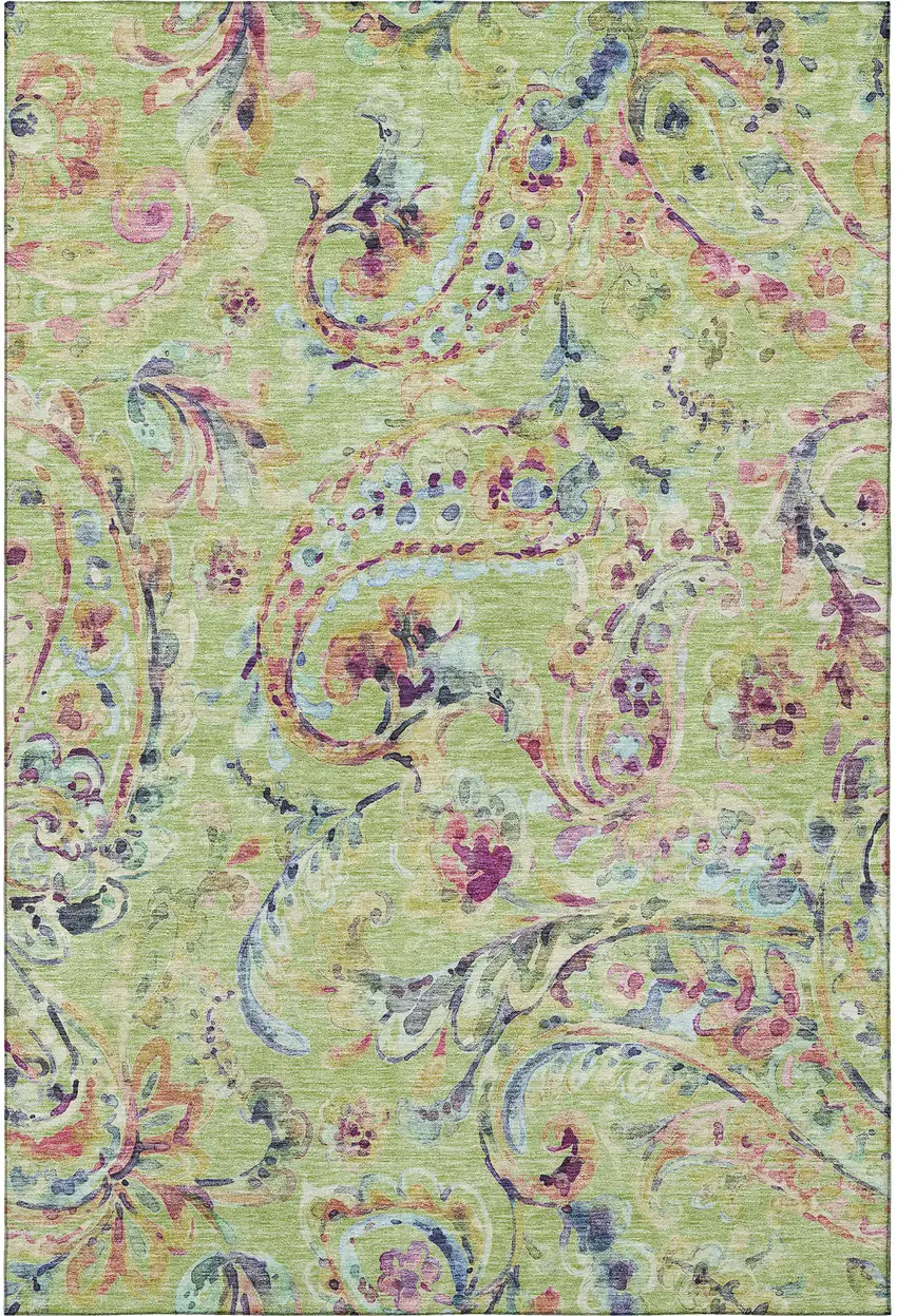 Artichoke Green Blue And Pink Paisley Washable Area Rug With UV Protection Photo 4