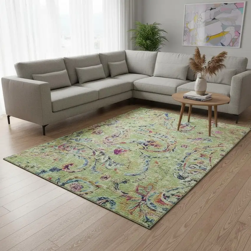 Artichoke Green Blue And Pink Paisley Washable Area Rug With UV Protection Photo 2