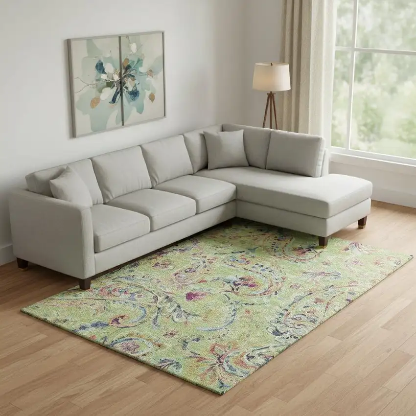 Artichoke Green Blue And Pink Paisley Washable Area Rug With UV Protection Photo 1