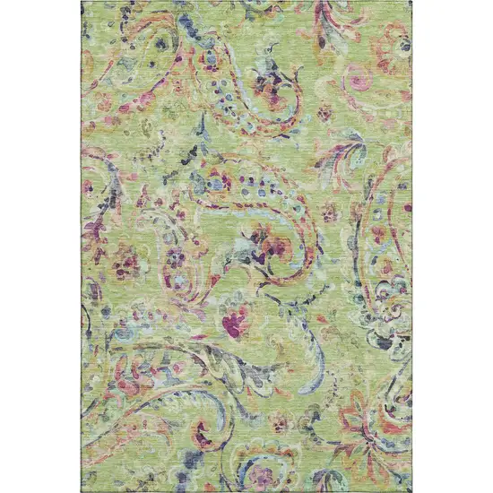 Artichoke Green Blue And Pink Paisley Washable Area Rug With UV Protection Photo 1
