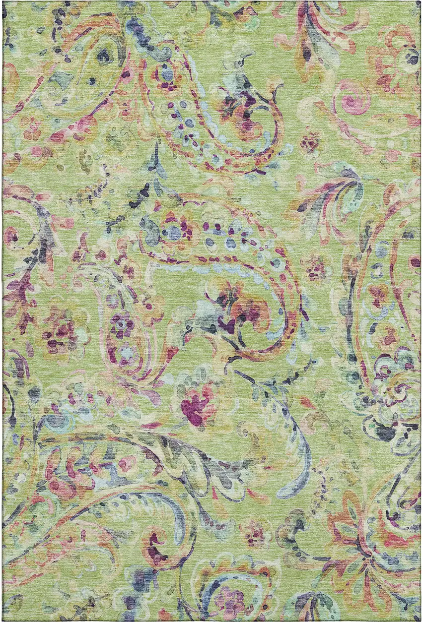 Artichoke Green Blue And Pink Paisley Washable Area Rug With UV Protection Photo 1