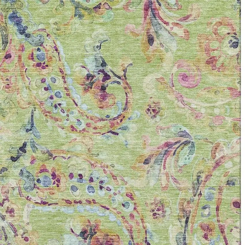 Artichoke Green Blue And Pink Paisley Washable Area Rug With UV Protection Photo 4