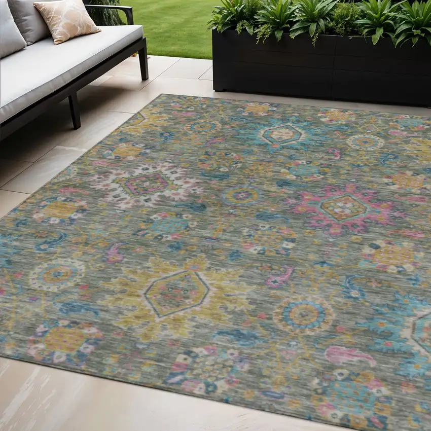 Artichoke Green Blush And Gold Medallion Washable Indoor Outdoor Area Rug Photo 2