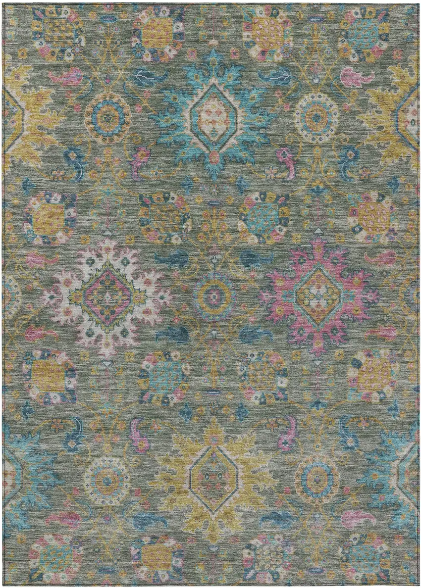 Artichoke Green Blush And Gold Medallion Washable Indoor Outdoor Area Rug Photo 1