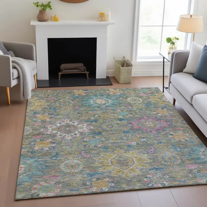 Artichoke Green Blush And Gold Medallion Washable Indoor Outdoor Area Rug Photo 8