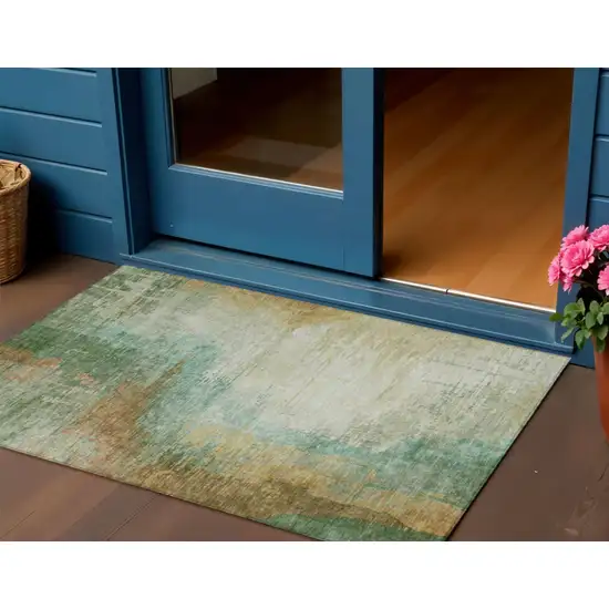 Artichoke Green Brown And Beige Abstract Washable Indoor Outdoor Area Rug Photo 2