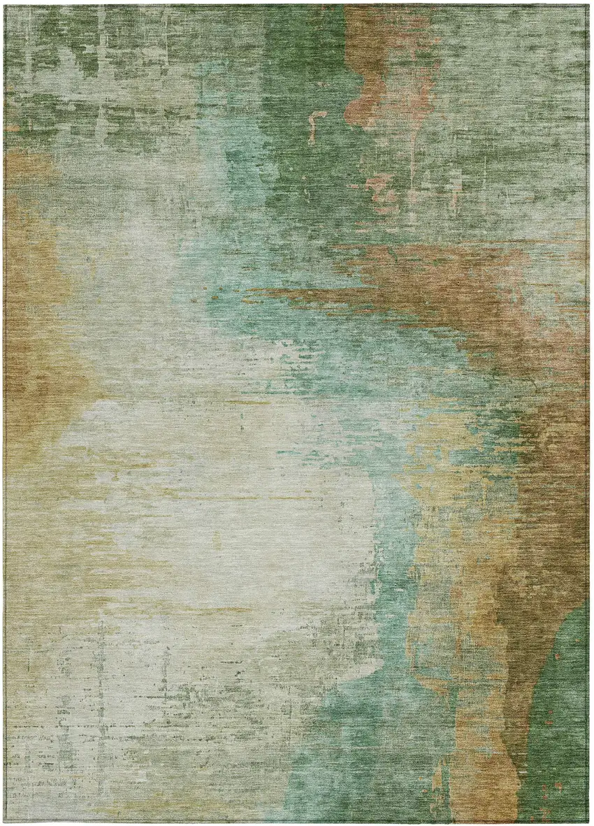 Artichoke Green Brown And Beige Abstract Washable Indoor Outdoor Area Rug Photo 1