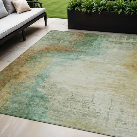 Artichoke Green Brown And Beige Abstract Washable Indoor Outdoor Area Rug Photo 2