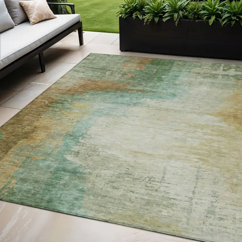 Artichoke Green Brown And Beige Abstract Washable Indoor Outdoor Area Rug Photo 2