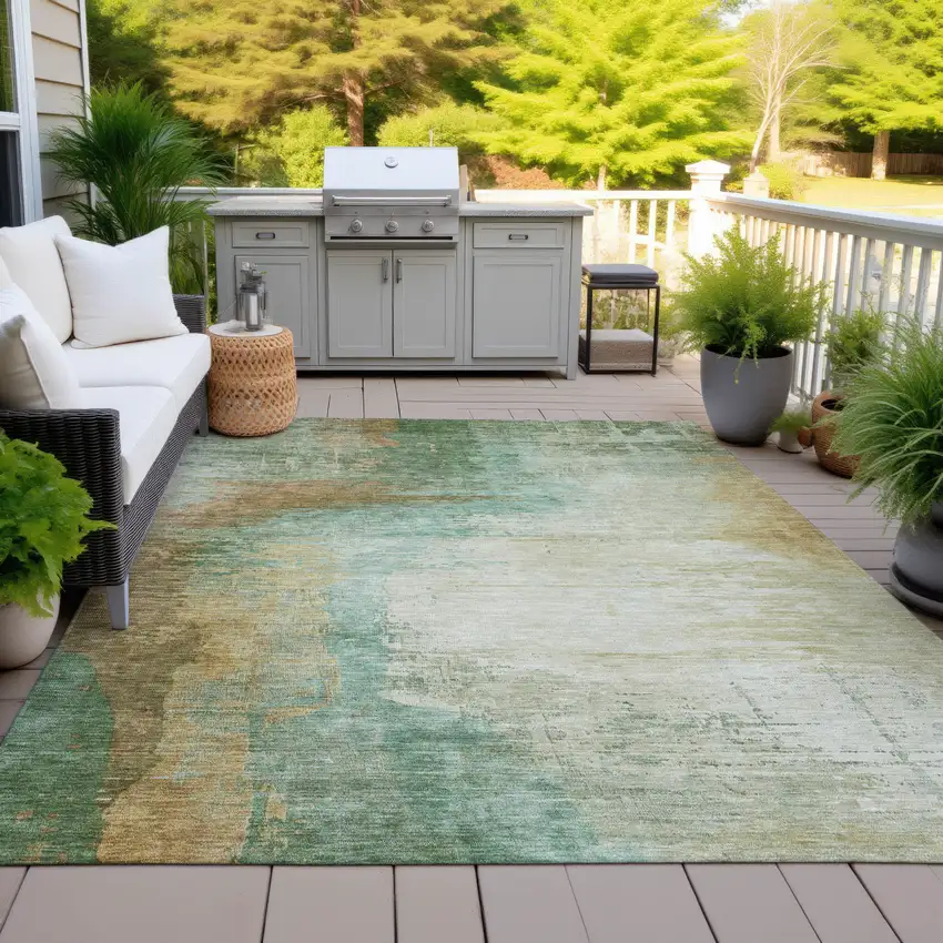 Artichoke Green Brown And Beige Abstract Washable Indoor Outdoor Area Rug Photo 5
