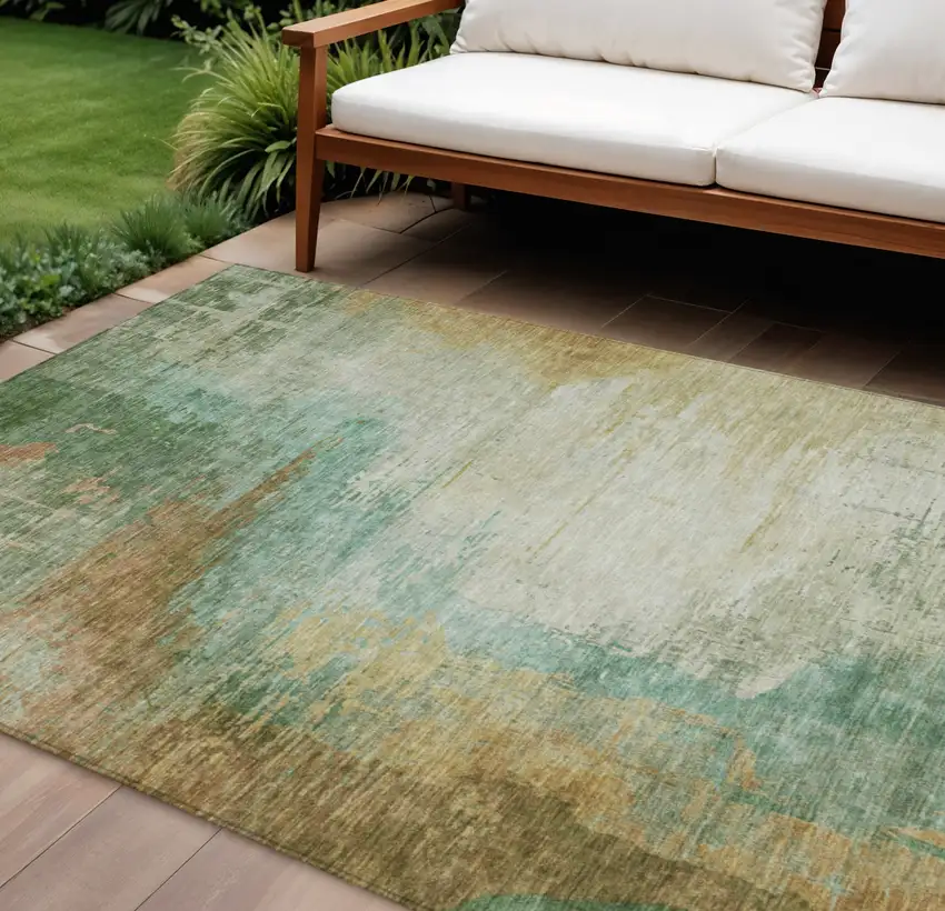 Artichoke Green Brown And Beige Abstract Washable Indoor Outdoor Area Rug Photo 2