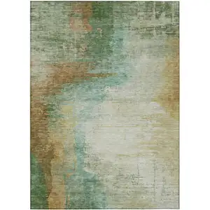 Photo of Artichoke Green Brown And Beige Abstract Washable Indoor Outdoor Area Rug