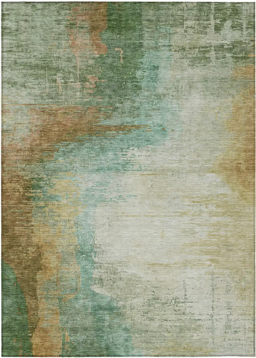 Artichoke Green Brown And Beige Abstract Washable Indoor Outdoor Area Rug Photo 1