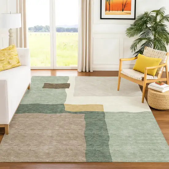 Artichoke Green Brown And Beige Abstract Washable Indoor Outdoor Area Rug Photo 5