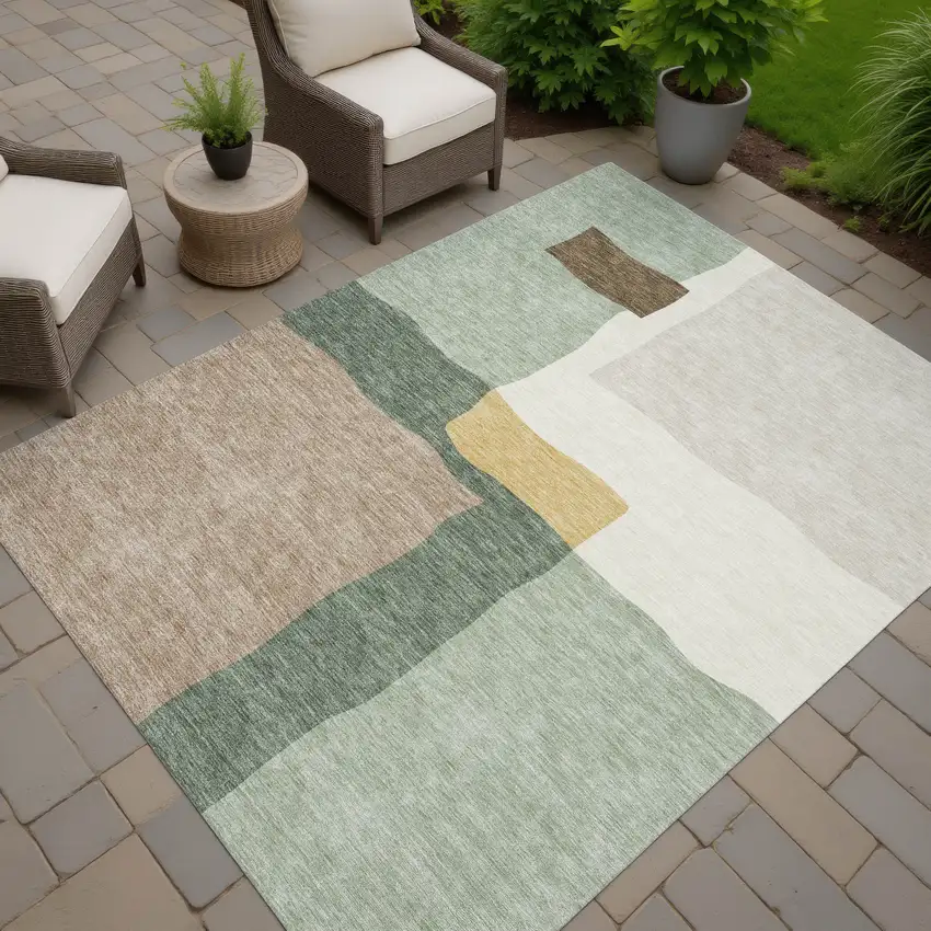 Artichoke Green Brown And Beige Abstract Washable Indoor Outdoor Area Rug Photo 7