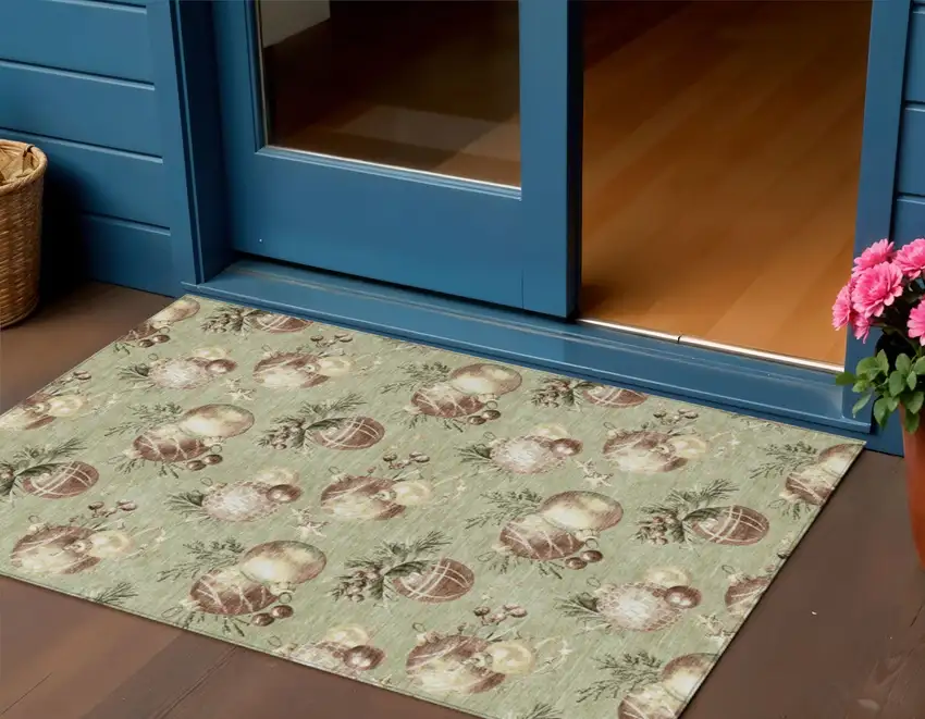 Artichoke Green Brown And Beige Botanical Leaves Washable Indoor Outdoor Area Rug Photo 2