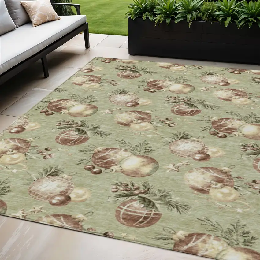 Artichoke Green Brown And Beige Botanical Leaves Washable Indoor Outdoor Area Rug Photo 2