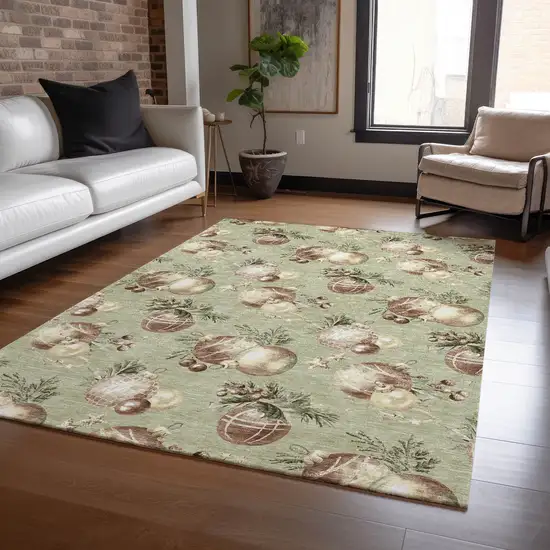 Artichoke Green Brown And Beige Botanical Leaves Washable Indoor Outdoor Area Rug Photo 6