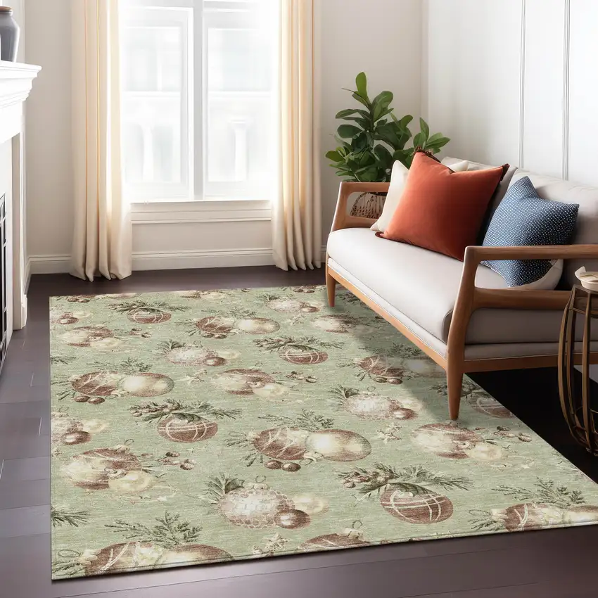 Artichoke Green Brown And Beige Botanical Leaves Washable Indoor Outdoor Area Rug Photo 7