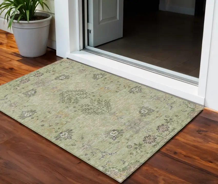 Artichoke Green Brown And Beige Floral Washable Indoor Outdoor Area Rug Photo 1
